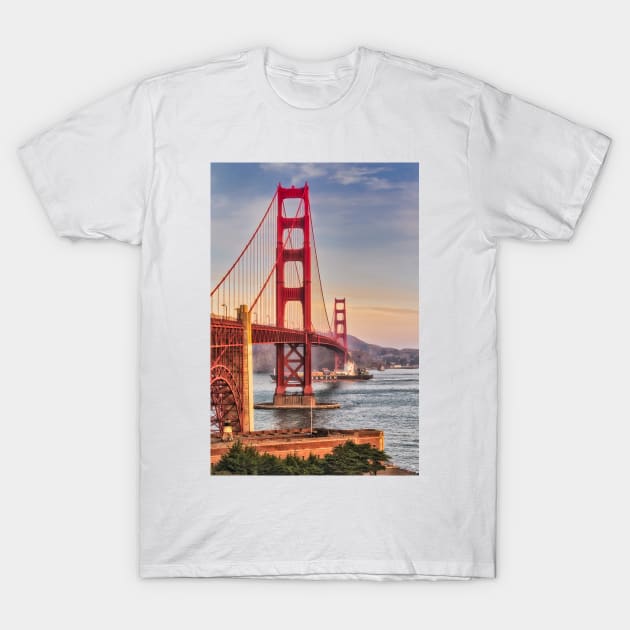 Golden Gate Bridge and Cargo Ship T-Shirt by jforno